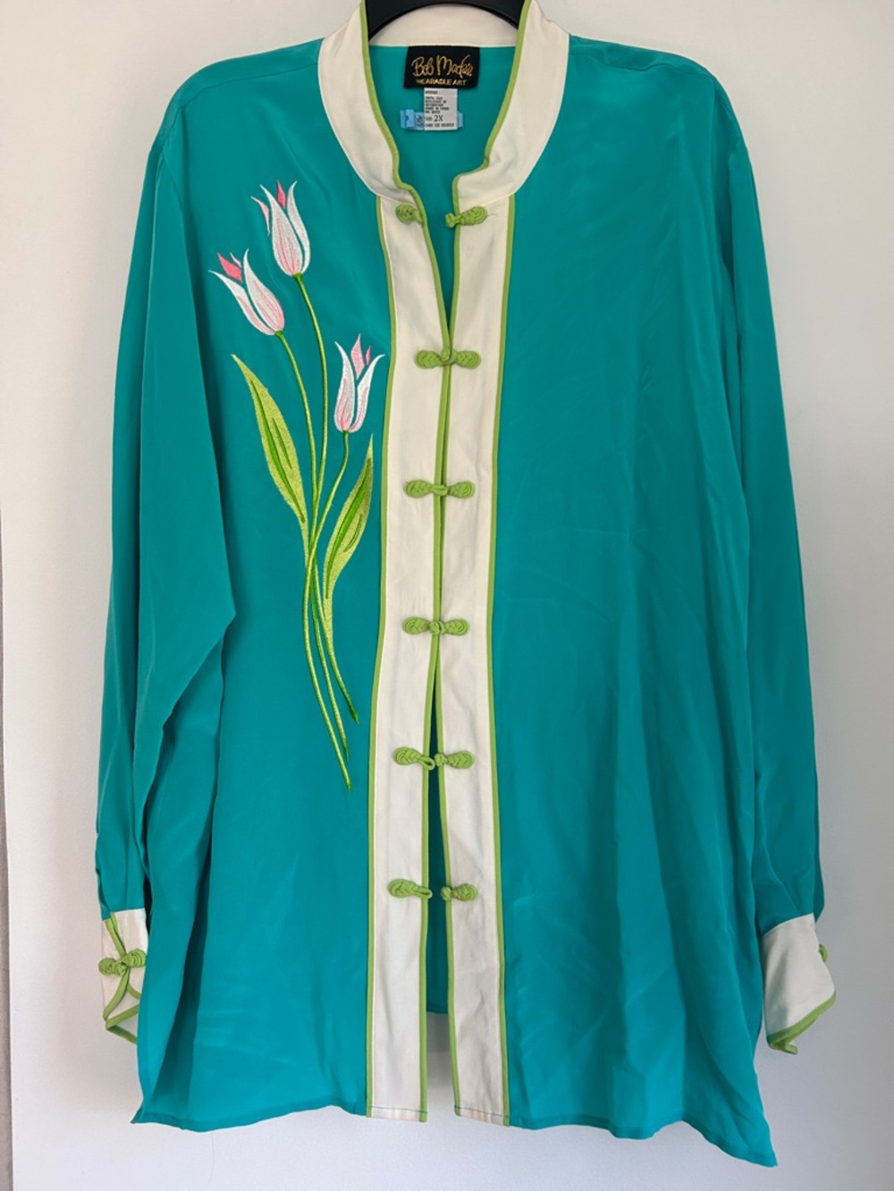 Bob Mackie Turquoise and White Silk Tunic with Lime Accents
